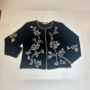 90s Cottage Core Embroidered Floral Cardigan Women’s Size 14 Black